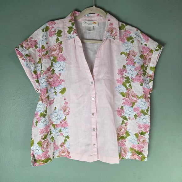 C&C California Womens Pink Floral Linen Button Up V-Neck Top Size Medium - Picture 1 of 5